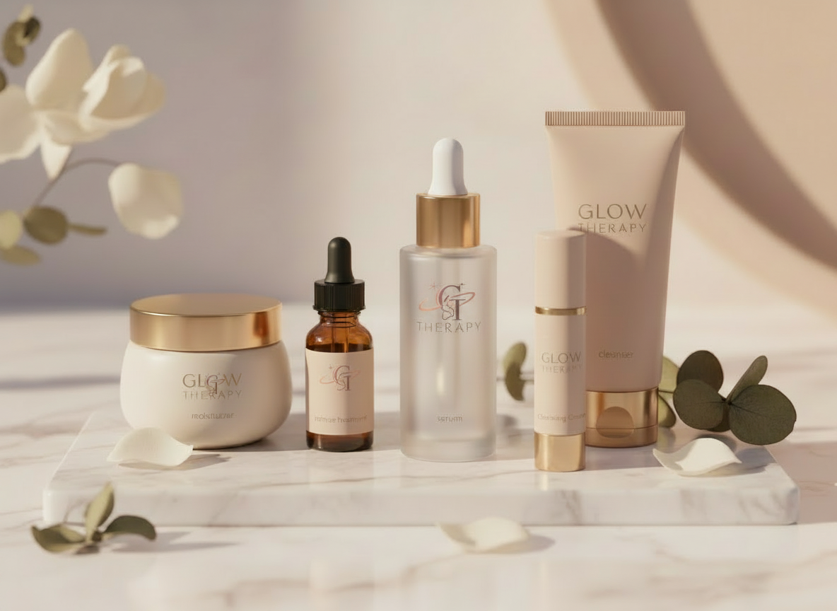 Edit this existing skincare product image. Keep the same luxury skincare bottles, jars, tubes, serum droppers, arrangement, lighting, and composition. Replace the generic branding on the packaging with the official Glow Therapy logo shared by the user: a large elegant GT monogram with a stylized feminine profile, orbital ring, starbursts, and the words GLOW THERAPY beneath it. Reproduce the logo faithfully as a small, readable rose-gold, peach, pink, and violet metallic mark on the various bottles, jars, tubes, and serum packaging. The products must remain clearly recognizable as skincare. Do not add people, unrelated objects, other brands, or extra prominent text.